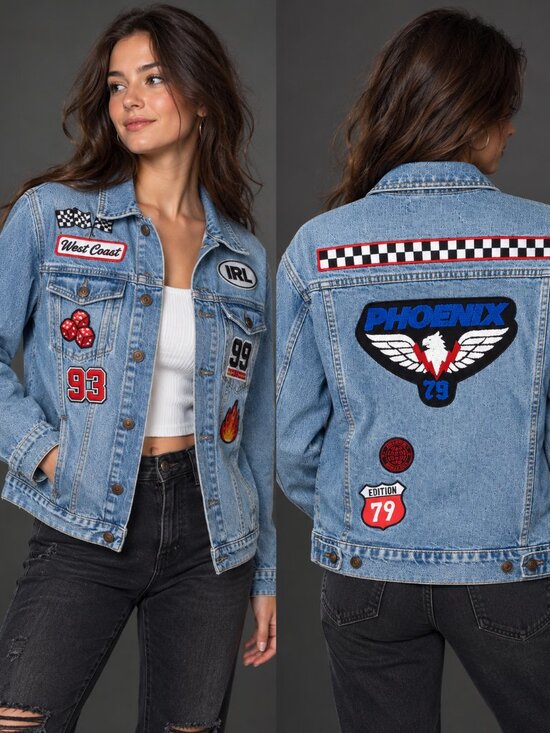 Forever 21 Jackets & Blazers - Forever 21 Custom Patch Denim Jacket Racing Moto Phoenix Women’s Medium